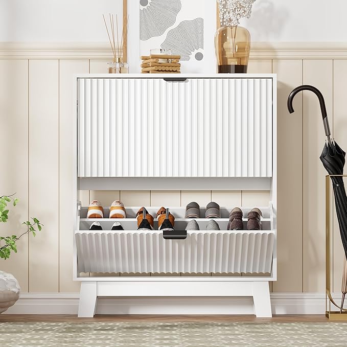 Shoe Cabinet Storage for Entryway with 2 Flip Drawers, Fluted Narrow Shoe Organizer with Wooden Legs, Freestanding Slim Shoe Storage Hidden Shoe Rack Organizer for Front Door Entrance, White