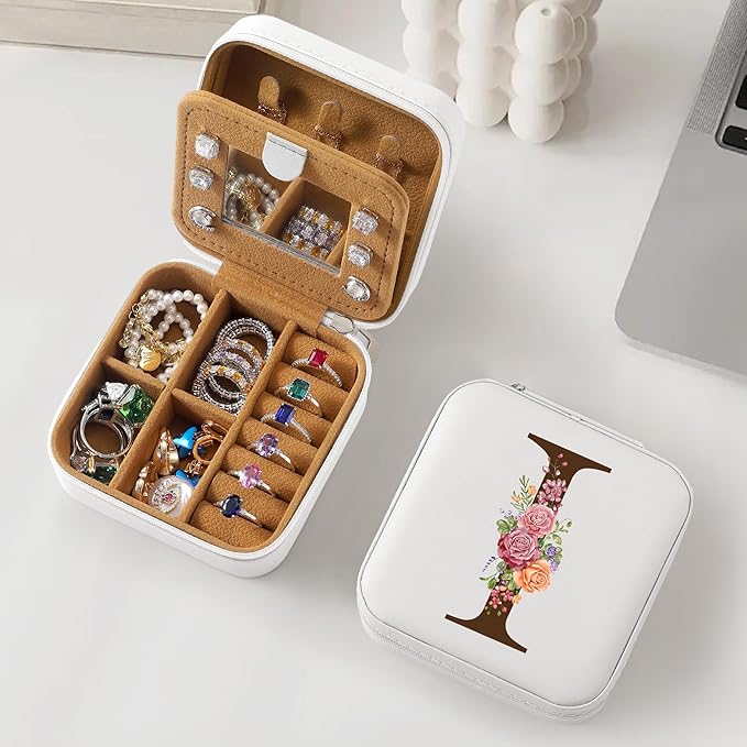 Parima Christmas Stocking Stuffers Gifts Travel Jewelry Organizer for Women - Small Letter Jewelry Boxes Travel Essentials Gifts for Women Mom Friends Birthday Her Bridesmaids - Letter I, White