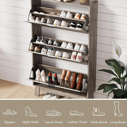 Shoe Cabinet Storage for Entryway with 3 Flip Drawers, Fluted Narrow Shoe Organizer with Wooden Legs, Freestanding Slim Shoe Storage Hidden Shoe Rack Organizer for Front Door Entrance, Hallway, Grey