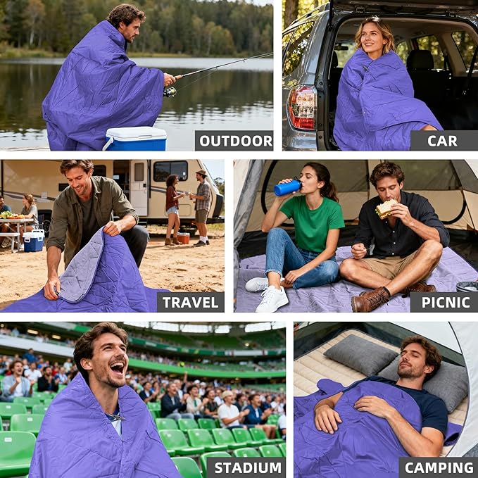 Outdoor Waterproof Blanket, Foldable Fleece Stadium Blanket for Outdoor Sports Event, Camping, Car, Pet, Picnics - Windproof, Wearable, Machine Washable 80" x 58" (Blue Purple)