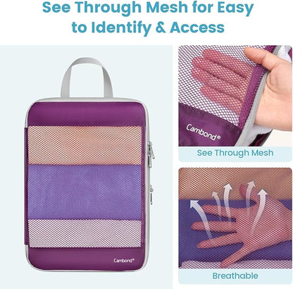 Cambond Compression Packing Cubes - 4 Set See Through Mesh Packing Cubes for Travel, Expandable Travel Essentials Packing Organizers for Carry on Suitcases with 3-in-1 Underwear Bag, Purple