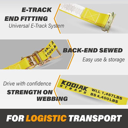 4 Pack E-Track Ratchet Straps 2" x 20' x 4,400 lbs Strength for Cargo Tie Down in Enclosed Trailer & Van by KODIAK STRAPS