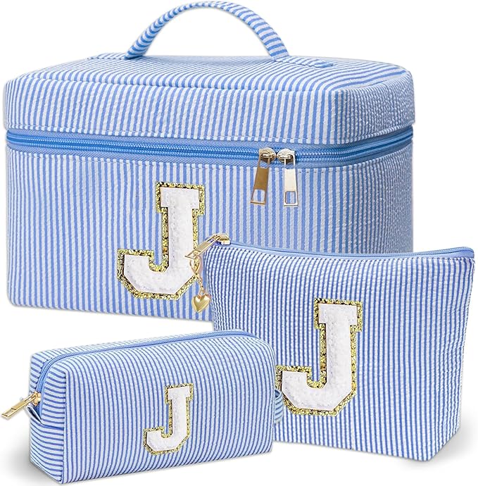 Personalized Monogram Makeup Bag, 3PCS Custom Monogrammed Toiletry Cosmetic Bag for 6-18 Teen Girls Women,Birthday Graduation Gifts Initial Pouch Makeup Bags for Women Girls, Make Up Bag (J, Blue)