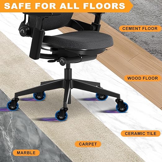 Office Chair Wheels for Casters Replacement - 3" Rubber Wheels for Computer Gaming Desk Caster Smooth & Safe Rolling for All Floors Including Hardwood and Carpet - Set of 5 - Blue