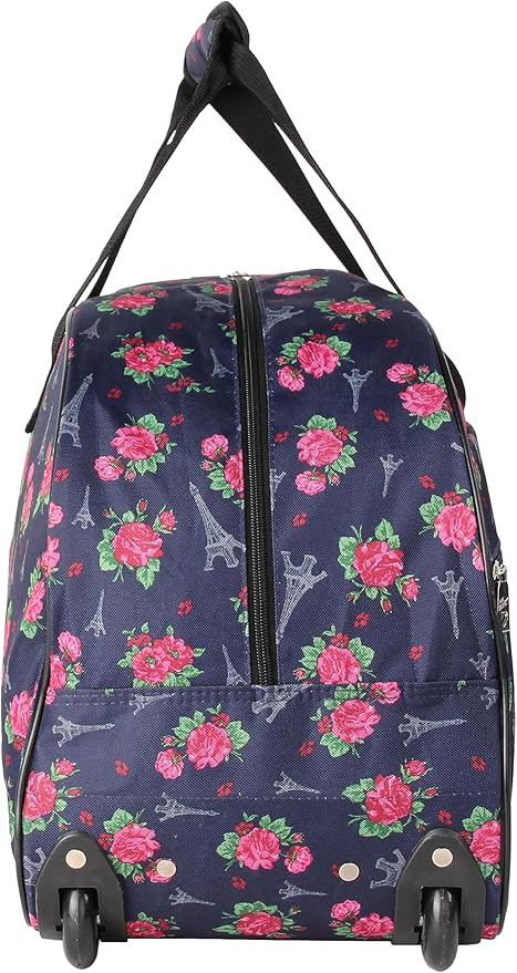 Betsey Johnson Designer Carry On Luggage Collection - Lightweight Pattern 22 Inch Duffel Bag- Weekender Overnight Business Travel Suitcase with 2- Rolling Wheels (Eiffel Towers)