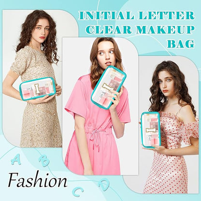 Personalized Initial Letter Clear Makeup Bag,Preppy Small Nylon&PVC Cosmetic Zipper Bag with Chenille Letter,Portable Beach Travel Skincare Toiletry Bag,Trendy Monogram Gift for Teen Girls Women,I