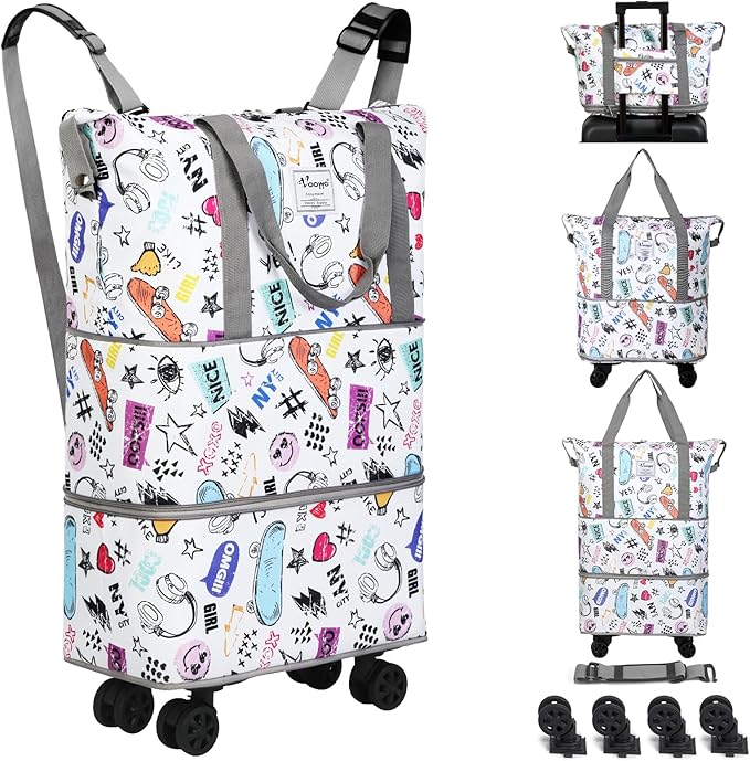 VOOWO Rolling Duffel Bag with Wheels - Foldable Expandable Duffle Bag with Wheels for Travel, Rolling Luggage Bag Carry On Bag with Wheel, Large Rolling Backpack Weekend Bag for Men Women (White)