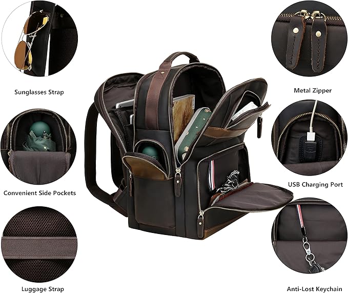 Leather Backpack for Men,15.6" Laptop Backpack Large Capacity Vintage Casual Travel Business Work Computer Bag Outdoor Weekend Daypacks (Dark Brown)