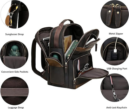 Leather Backpack for Men,15.6" Laptop Backpack Large Capacity Vintage Casual Travel Business Work Computer Bag Outdoor Weekend Daypacks (Dark Brown)
