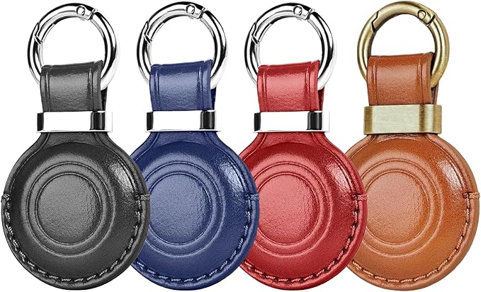 MOLOVA 4 Pack Leather for Apple for Airtags Keychain, Compact Design with Air tag Case, Secure Cover with Stainless Steel Ring Car Keys Chain Fob Accessories, Black/Dark Blue/Red/Vintage