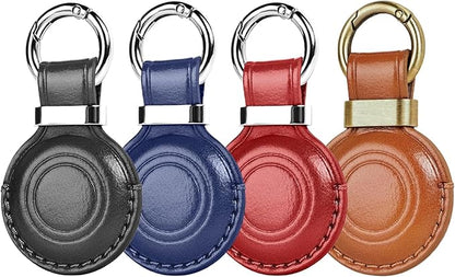 MOLOVA 4 Pack Leather for Apple for Airtags Keychain, Compact Design with Air tag Case, Secure Cover with Stainless Steel Ring Car Keys Chain Fob Accessories, Black/Dark Blue/Red/Vintage