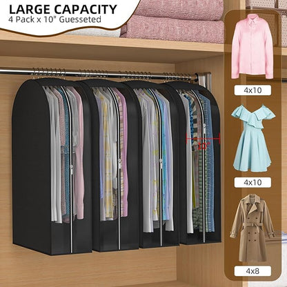 Black Garment Bags for Hanging Clothes 4 Packs, 10“ Gusseted and 32" Clothes Protectors for Hanging Clothes for Closet, Shirts, Coats, Dresses