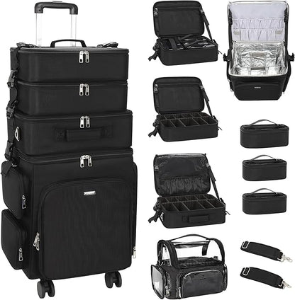 Relavel Rolling Makeup Case, 4 in 1 Hairstylist Traveling Bag with Clear Makeup Brush Case, Cosmetology Case on Wheels Large Hair Tools Cosmetics Train Case Makeup Artist Storage Organizer Trolley