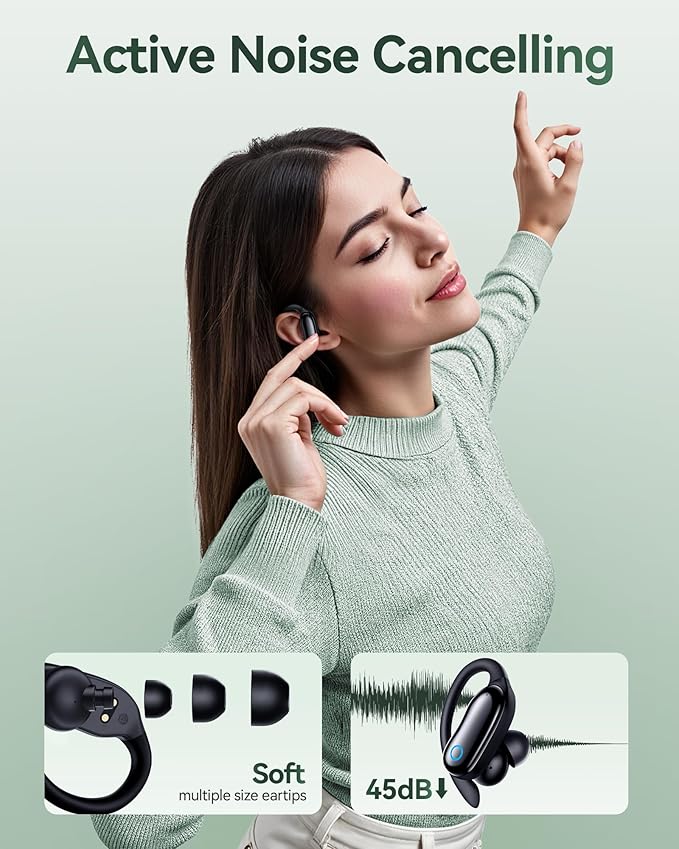 GNMN Active Noise Cancelling Ear Buds Wireless Earbuds 96hrs Playback Bluetooth Headphones Dual Battery Display Stereo Bass Earphones with Earhooks Microphone IPX7 Waterproof for Sports/Workout
