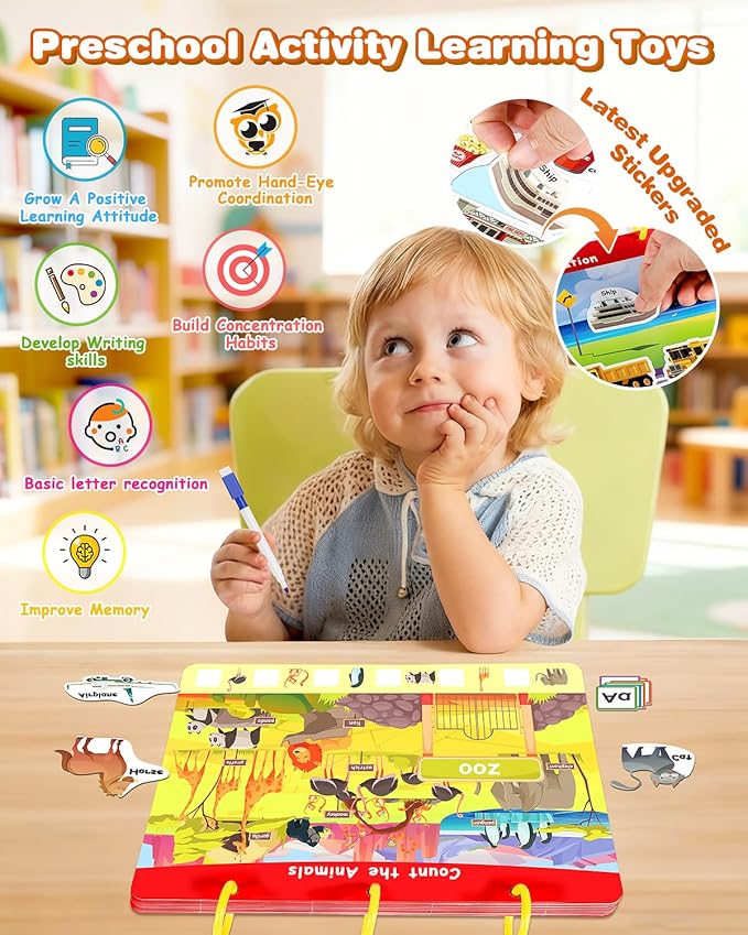 Activity Books for Kids Ages 3-5, Montessori Busy Book & Tracing Books & Jelly Stickers 3-in-1, Preschool Learning Book with 35 thems,Autism Sensory Toys, Travel Game,Christmas Birthday Gifts