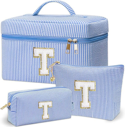 Personalized Monogram Makeup Bag, 3PCS Custom Monogrammed Toiletry Cosmetic Bag for 6-18 Teen Girls Women,Birthday Graduation Gifts Initial Pouch Makeup Bags for Women Girls, Make Up Bag (T, Blue)