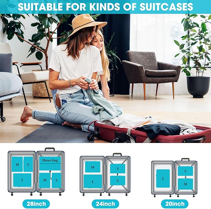 8 Set Compression Packing Cubes for Travel, Expandable Compression Cubes for Suitcases, Lightweight Suitcase Organizer with Shoes & Laundry Bags, Travel Accessories for Men Women