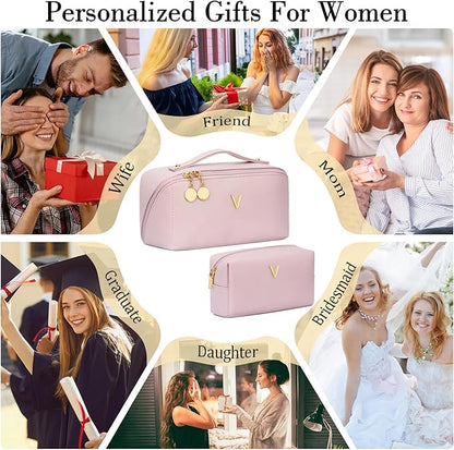 Birthday Gifts for Women Teen Girl, Personalized Initial Makeup Organizer Bag Set, Open Flat Travel Cosmetic Bag With Clear Divider and Handle(Pink,V)