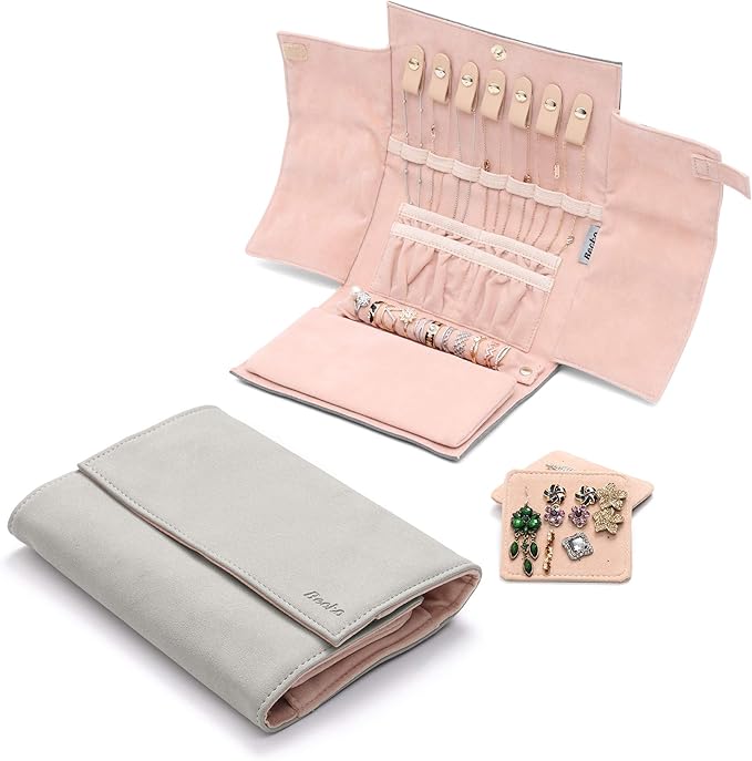 Becko US Jewelry Organizer Roll Travel Jewel Bag case for Multiple Necklaces, Rings, Bracelets, Supple Leather & Suede, Large Capacity Without Crease, Lightweight, Portable & Practical (Gray)