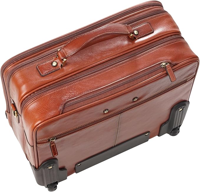 Genuine Leather Wheeled Laptop Briefcase – Tan Rolling Cabin Flight Pilot Bag for Men – 29L Travel Carry-On Case with Adjustable Strap, Trolley Wheels, and Antique Brass Hardware