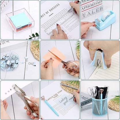 17 in 1 Blue Desk Organizers and Accessories Set, 3 Office Desk Supplies Storage Organization, 4 Pens, Stapler, Staples & Remover, Tape & Dispenser, Scissors, Ruler, Clips, Hole Punch, Back to School