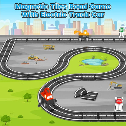 Magnetic Tiles Roads Engineering Vehicle Set, Magnetic Blocks Road Truck Car Toys for 3 4 5 6 Year Old Boys Girls, Cars Games Classroom Montessori Toys for Kids, Educational STEM Toy Birthday Gifts