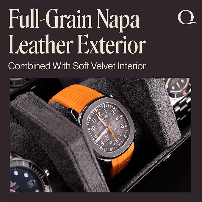 QWATCHBANDS Napa Leather Watch Case for Men - Watch Roll Storage Organizer & Watch Display - Six Slot Luxury Watch Box for Home or Travel - Mens 6 Watch Holder Case (Black Charcoal)