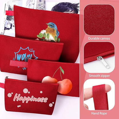 10 Pieces Cotton Canvas Makeup Bag with Bottom and Strap, Multi-Purpose Cosmetic Bag with Zipper Travel Toiletry Pouch, Blank DIY Craft Bag (Red, XS)