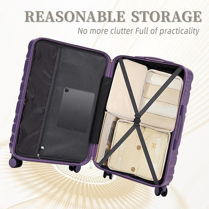 Campfun 3 Piece Luggage Sets, ABS Suitcase Set with Double Spinner Wheels Hang Hook, Durable Carry On Luggage with Combination Lock, 20/24/28 inch, Purple