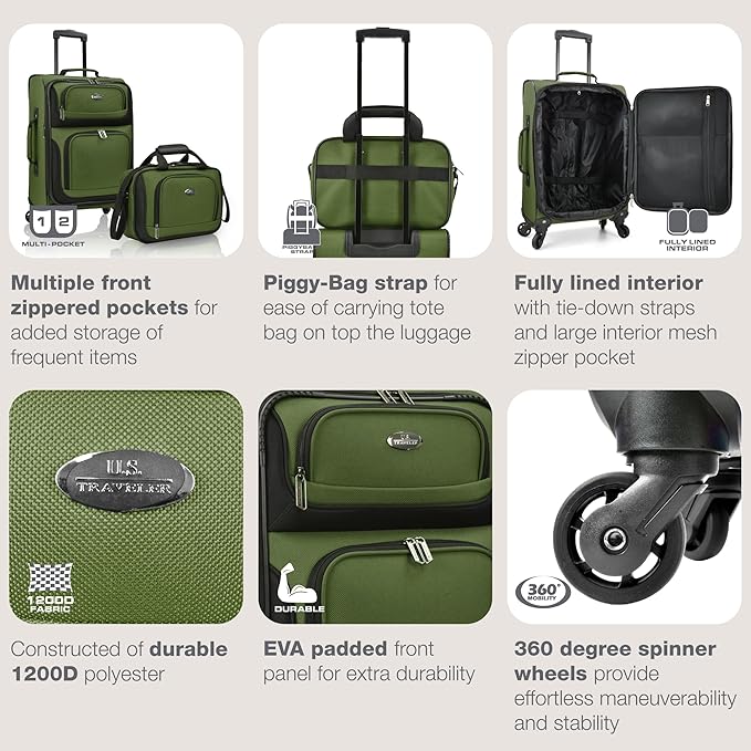 U.S. Traveler Rio Lightweight Softside Rolling Carry-on Suitcase, 4-Wheel Set, Green