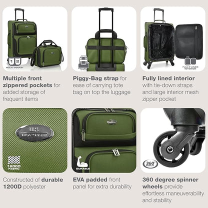 U.S. Traveler Rio Lightweight Softside Rolling Carry-on Suitcase, 4-Wheel Set, Green