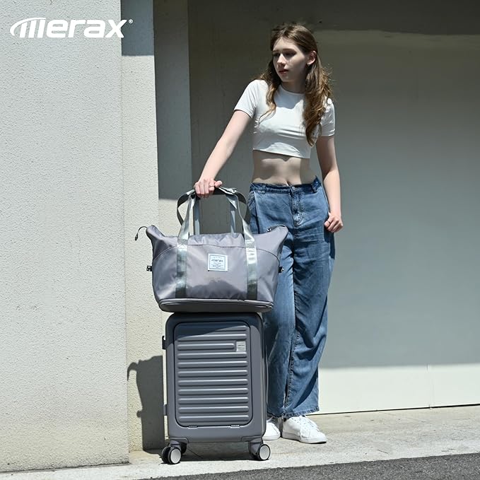 Merax Front Opening 20-Inch Carry-On Luggage with Expandable Travel Bag Set, ABS Hard Shell Two-piece Suitcase Set with USB Port, Cup Holder, ABS+grey blue