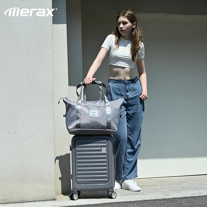 Merax Front Opening 20-Inch Carry-On Luggage with Expandable Travel Bag Set, ABS Hard Shell Two-piece Suitcase Set with USB Port, Cup Holder, ABS+grey blue