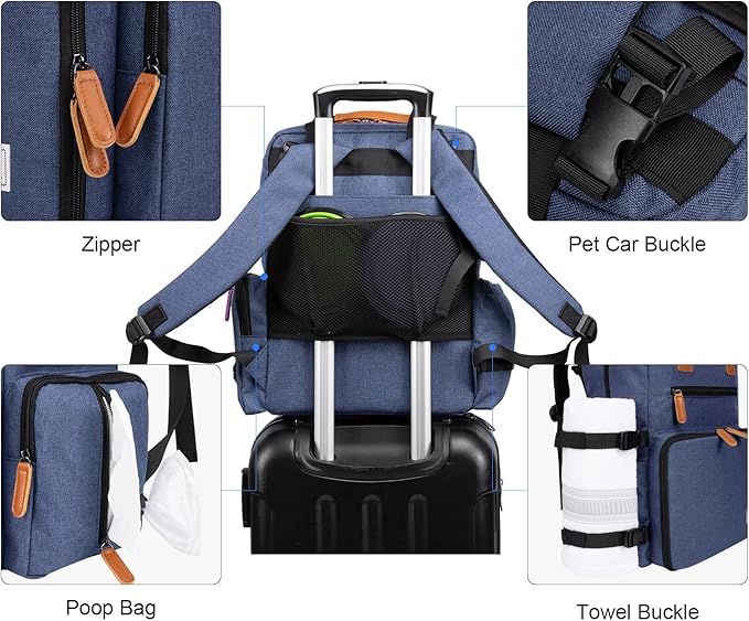 Modoker Dog Travel Bag, Airline Approved Backpack for Pet Accessories Organizer, Tote Weekend Bag with 2 Food Storage Containers, 2 Collapsible Dog Bowls, 1 Pet Mat, Blue