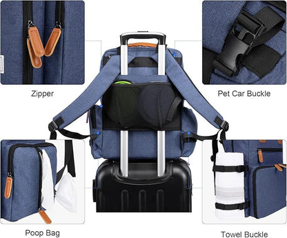 Modoker Dog Travel Bag, Airline Approved Backpack for Pet Accessories Organizer, Tote Weekend Bag with 2 Food Storage Containers, 2 Collapsible Dog Bowls, 1 Pet Mat, Blue