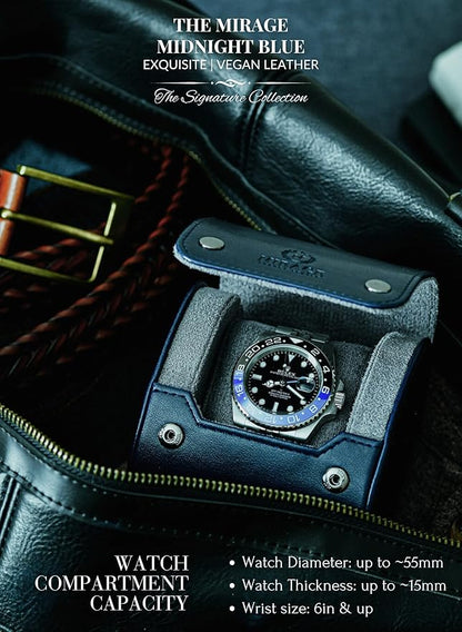 Single Watch Case - 1 Watch Travel Case Holder - Midnight Blue Swiss Motif Vegan Leather