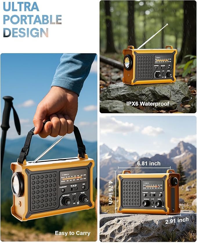 Emergency Weather Radio – NOAA/AM/FM Portable Solar & Hand Crank Radio with LED Flashlight, Reading Lamp, USB Phone Charger, SOS Alarm – Survival Gear for Hurricanes, Storms & Power Outages (Yellow)