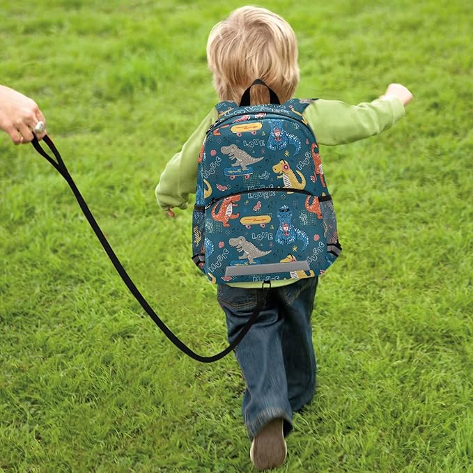 Cute Dinosaurs skateboard Kid's Toddler Backpack for Boys Girls Preschool Nursery with Safety Leash (011410)