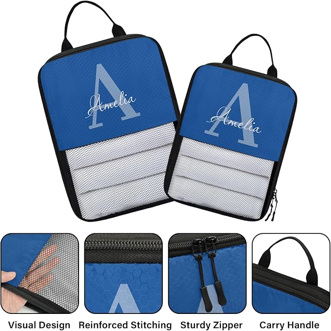 Personalized 6 Set Compression Packing Cubes for Travel Accessories Custom Name Luggage Carry On Suitcase Compressible Expandable Packing Organizer, Blue Initial