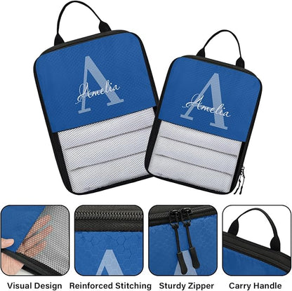 Personalized 6 Set Compression Packing Cubes for Travel Accessories Custom Name Luggage Carry On Suitcase Compressible Expandable Packing Organizer, Blue Initial