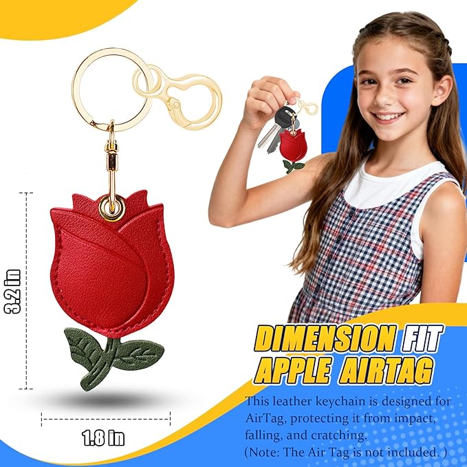 Leather Keychain for Airtag, Cute Protective Keychain Holder Compatible with Apple Air Tag,GPS Item Tracker Case Cover for Keys,Bags,Pets,Luggage(Rose)