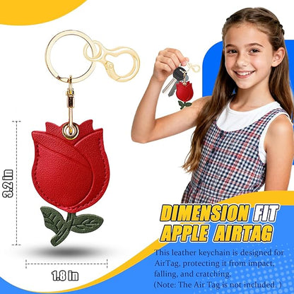 Leather Keychain for Airtag, Cute Protective Keychain Holder Compatible with Apple Air Tag,GPS Item Tracker Case Cover for Keys,Bags,Pets,Luggage(Rose)