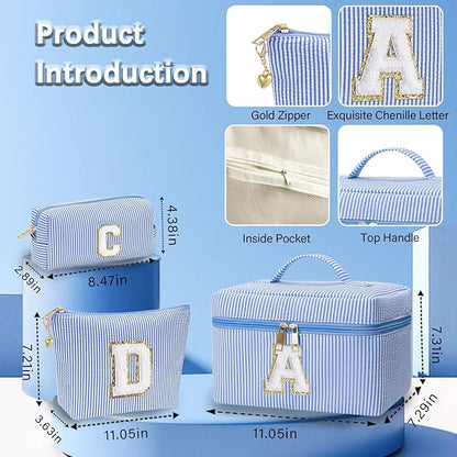 Personalized Monogram Makeup Bag, 3PCS Custom Monogrammed Toiletry Cosmetic Bag for 6-18 teen girls women,Birthday Graduation Gifts initial pouch makeup bags for women girls, make up bag (W, Blue)