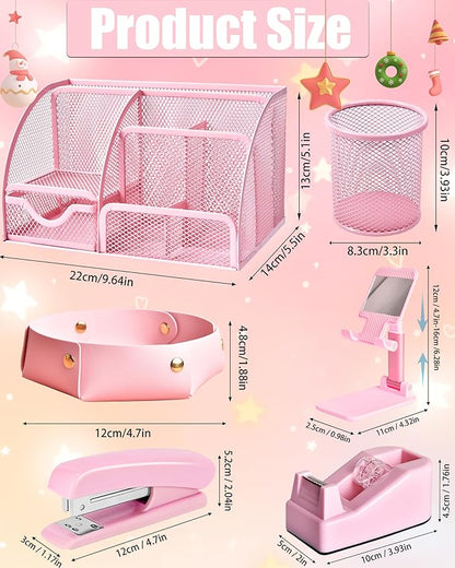 Pink Desk Accessories, 24Pcs Pink Office Supplies and Desk Organizers, with Tape Dispenser, Stapler, Staple Remover, Ect, Christmas Gifts