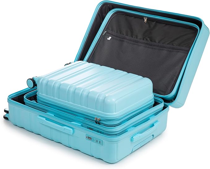 Campfun 3 Piece Luggage Sets, ABS Suitcase Set with Double Spinner Wheels Hang Hook, Durable Carry On Luggage with Combination Lock, 20/24/28 inch, Blue
