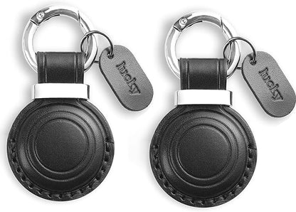 Genuine Leather Keychain Holder Compatible with AirTag - Secure Case Cover Key Ring Chain Fob Accessories Intended for Air Tag - Black (2 Pack)