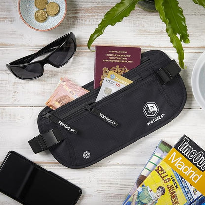 VENTURE 4TH Money Belt for Travel – Hidden Under-Clothes RFID Blocking Passport Holder & Slim Travel Wallet Pouch for Men & Women to Protect Cash, Cards & Documents (Pure Black)