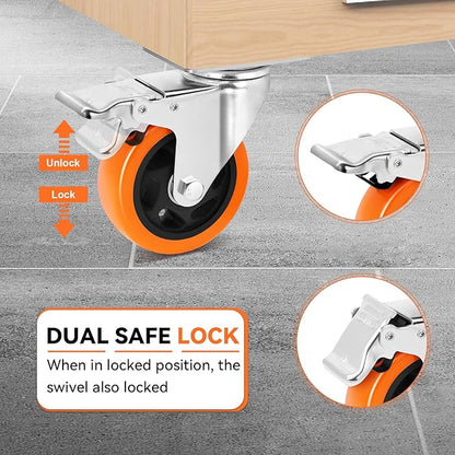 W B D WEIBIDA 4 Inch Swivel Casters with Brake Set of 4 Heavy Duty of 1200 lbs, Safety Dual Locking Plate Castors, No Noise Wheels for Furniture, Workbench and Carts(Nuts & Bolts & 2 Spanners)