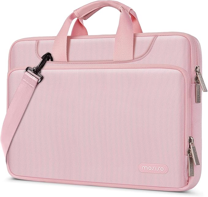 MOSISO 360 Protective Laptop Shoulder Bag Compatible with MacBook Air 15 M4 A3241 M3 A3114 M2 A2941/Pro 16 inch M4 M3 M2 M1, 15-15.6 inch Notebook,Matching Color Sleeve with Belt, Pink