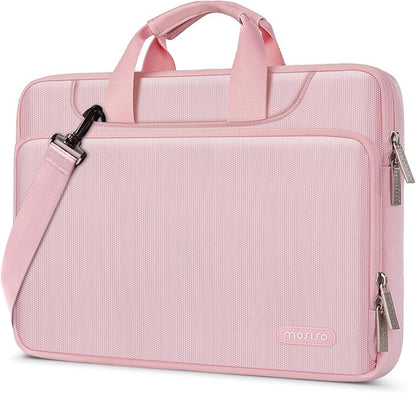 MOSISO 360 Protective Laptop Shoulder Bag Compatible with MacBook Air 13 inch M4 M3 M2 M1 2025-2018/Pro M2 M1 2025-2016,Matching Color Sleeve with Belt, Pink